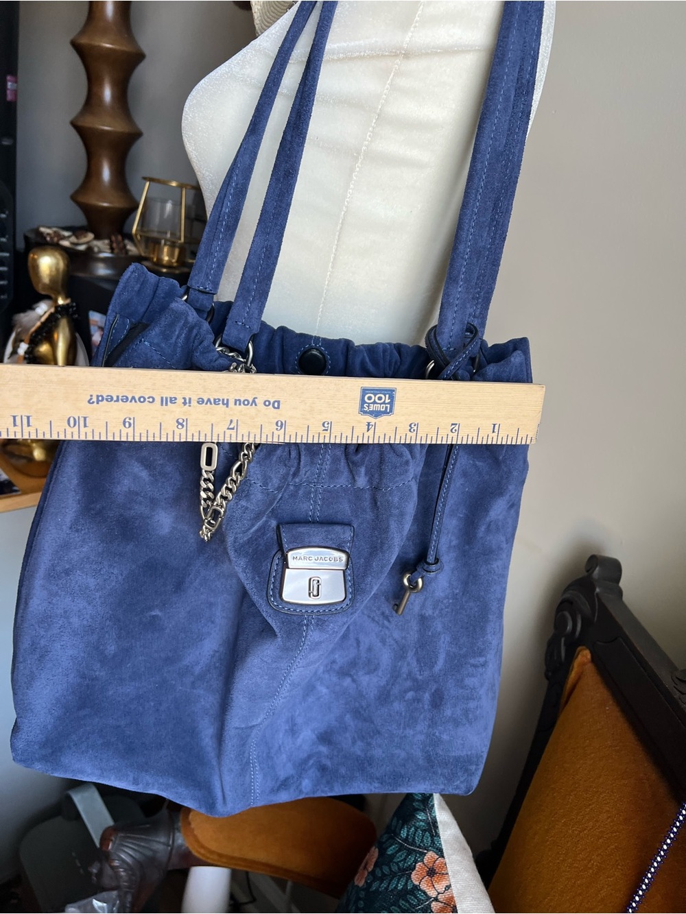 Blue Suede Drawstring Tote Bag - Picture 8 of 9